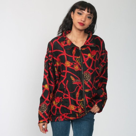 EVR Vintage 100% Silk Gold Accessories Gold Belts Print Red Zip Up Bomber Jacket - Picture 6 of 12